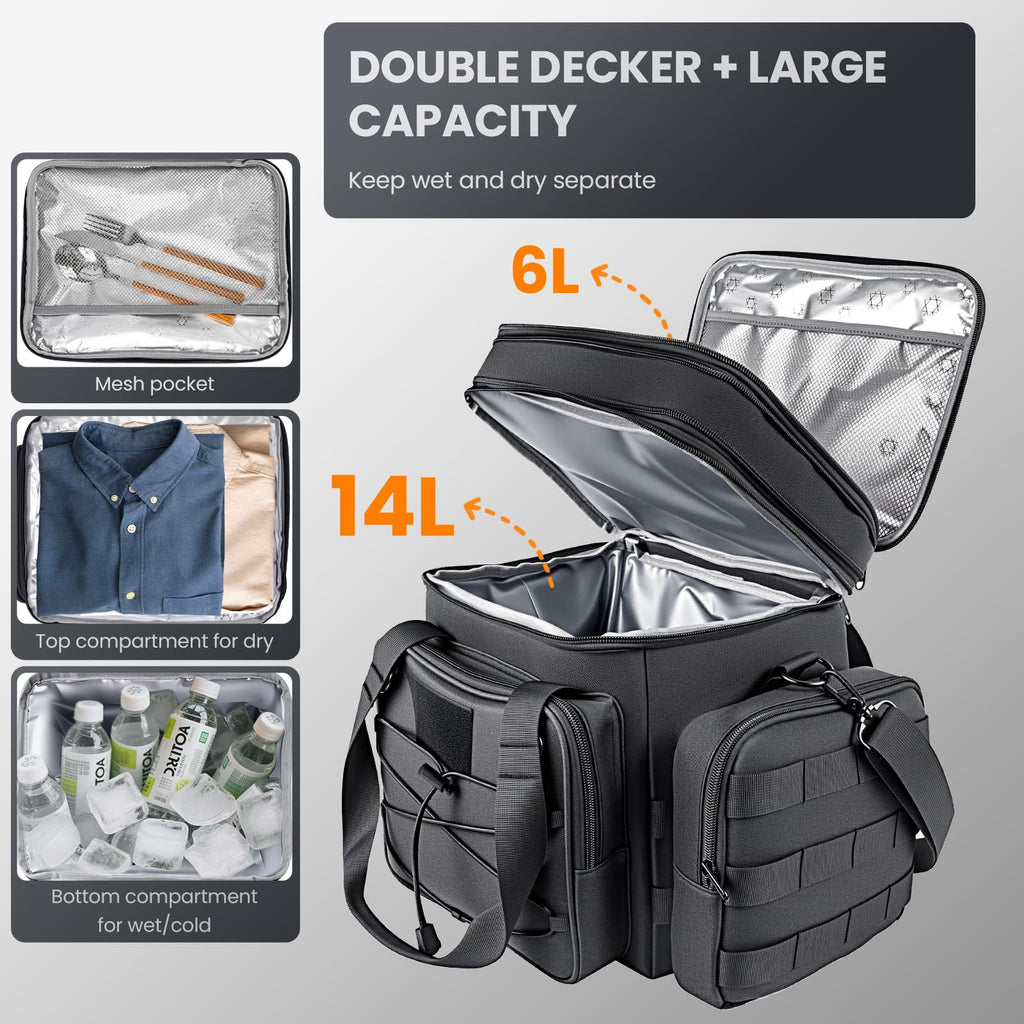 Tactical Lunch Box for Men, 20L Expandable Double Insulated Cooler Bag with Detachable Molle Pouches, Modern Tote for Adults, Waterproof and Leakproof for Work, Camping, Picnic, Hiking