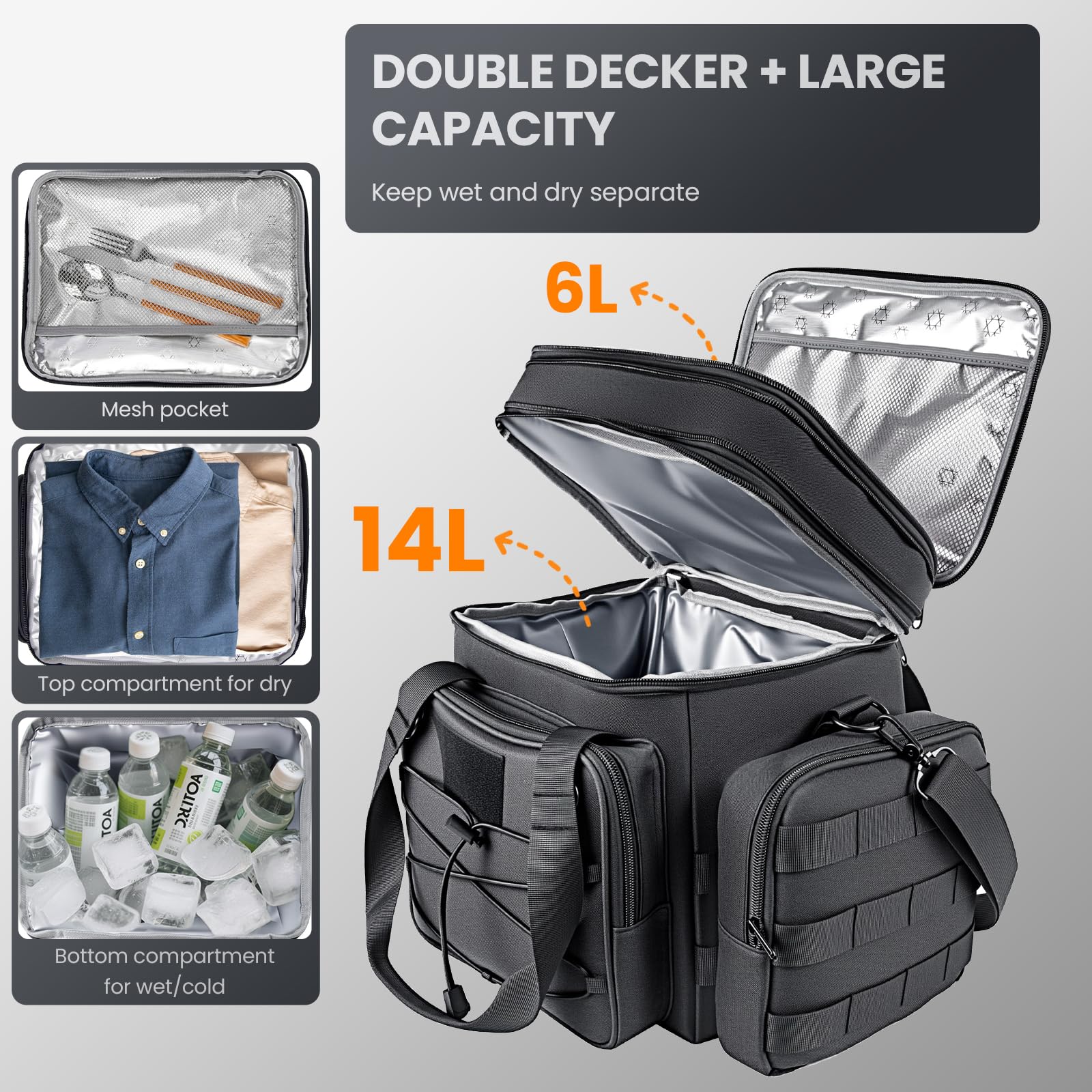 Tactical Lunch Box for Men, 20L Expandable Double Insulated Cooler Bag with Detachable Molle Pouches, Modern Tote for Adults, Waterproof and Leakproof for Work, Camping, Picnic, Hiking