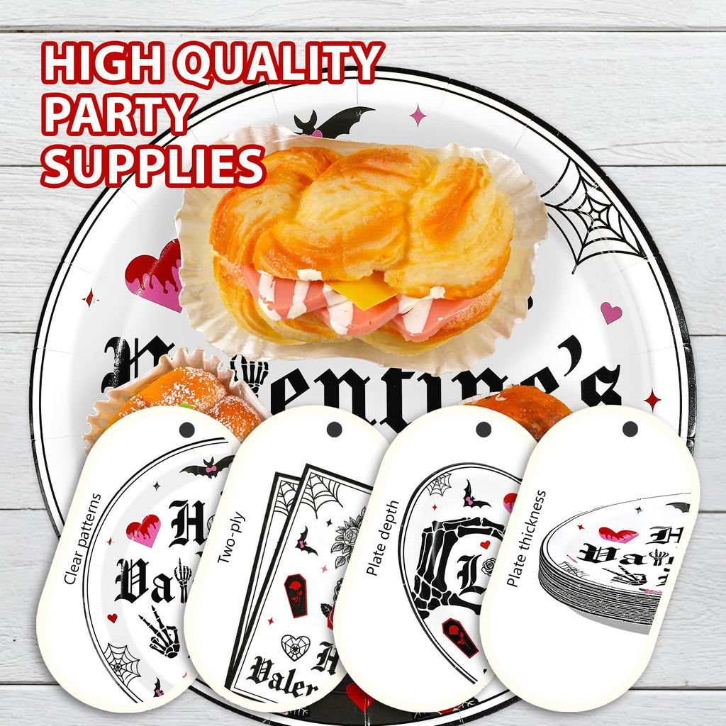 Greencian 96Pcs Valentine's Day Party Supplies Romantic Gothic Heart Love Plates and Napkins Happy Valentine Day Tableware Set for Gothic Valentines Day Wedding Anniversary Party Supplies Serves 24