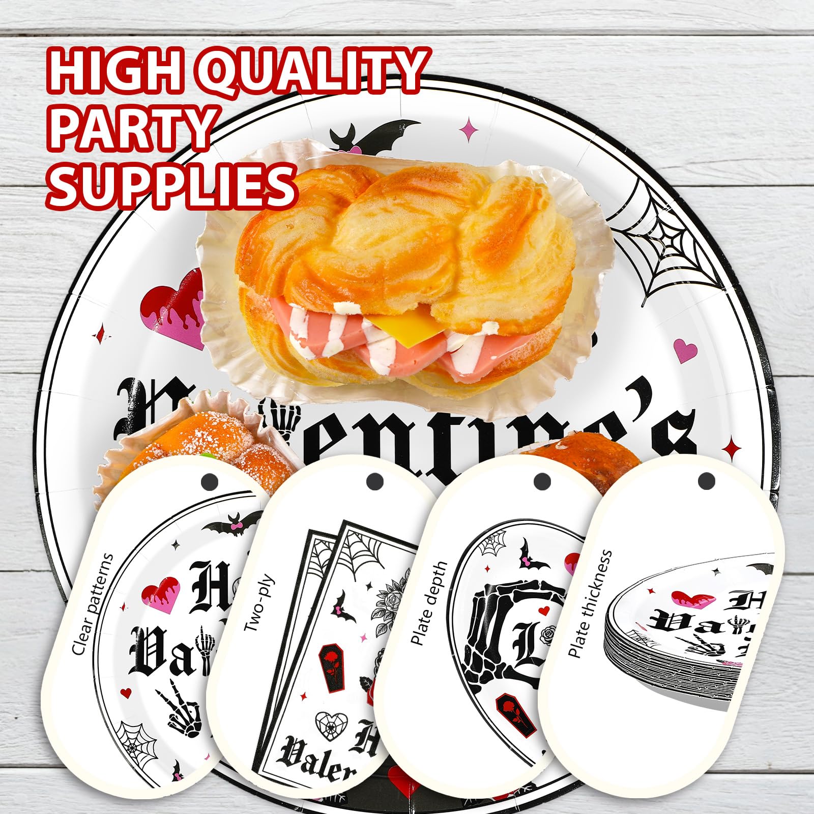Greencian 96Pcs Valentine's Day Party Supplies Romantic Gothic Heart Love Plates and Napkins Happy Valentine Day Tableware Set for Gothic Valentines Day Wedding Anniversary Party Supplies Serves 24