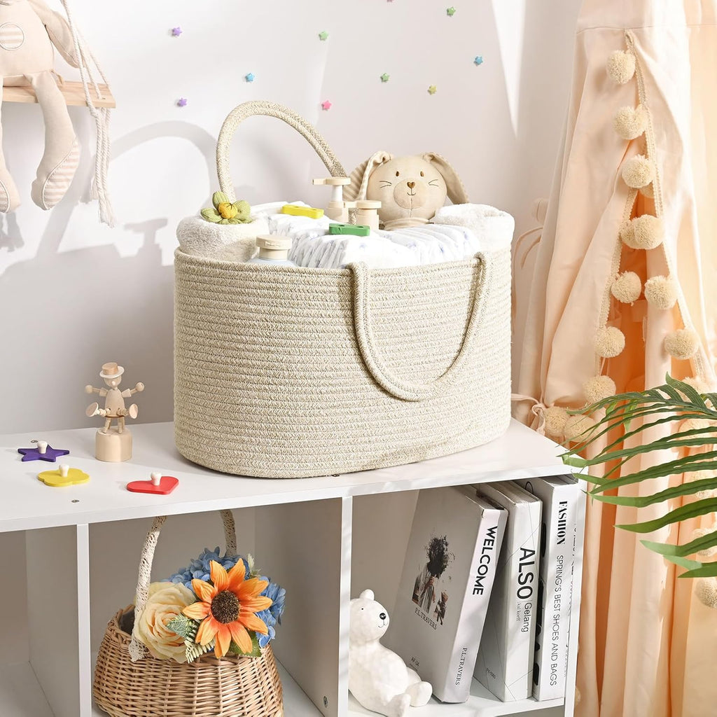Skiennix Baby Diaper Caddy Organizer - 19L Cotton Rope Storage Basket with Removable Divider | Ideal for Nursery & Car