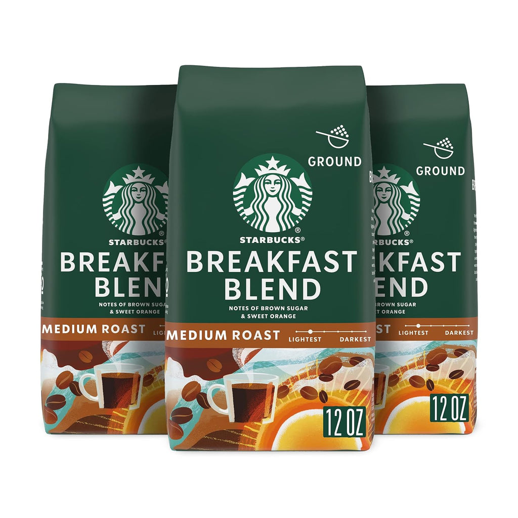 Starbucks Ground Coffee - Medium Roast Breakfast Blend | 100% Arabica, 3 Bags (12 oz Each)