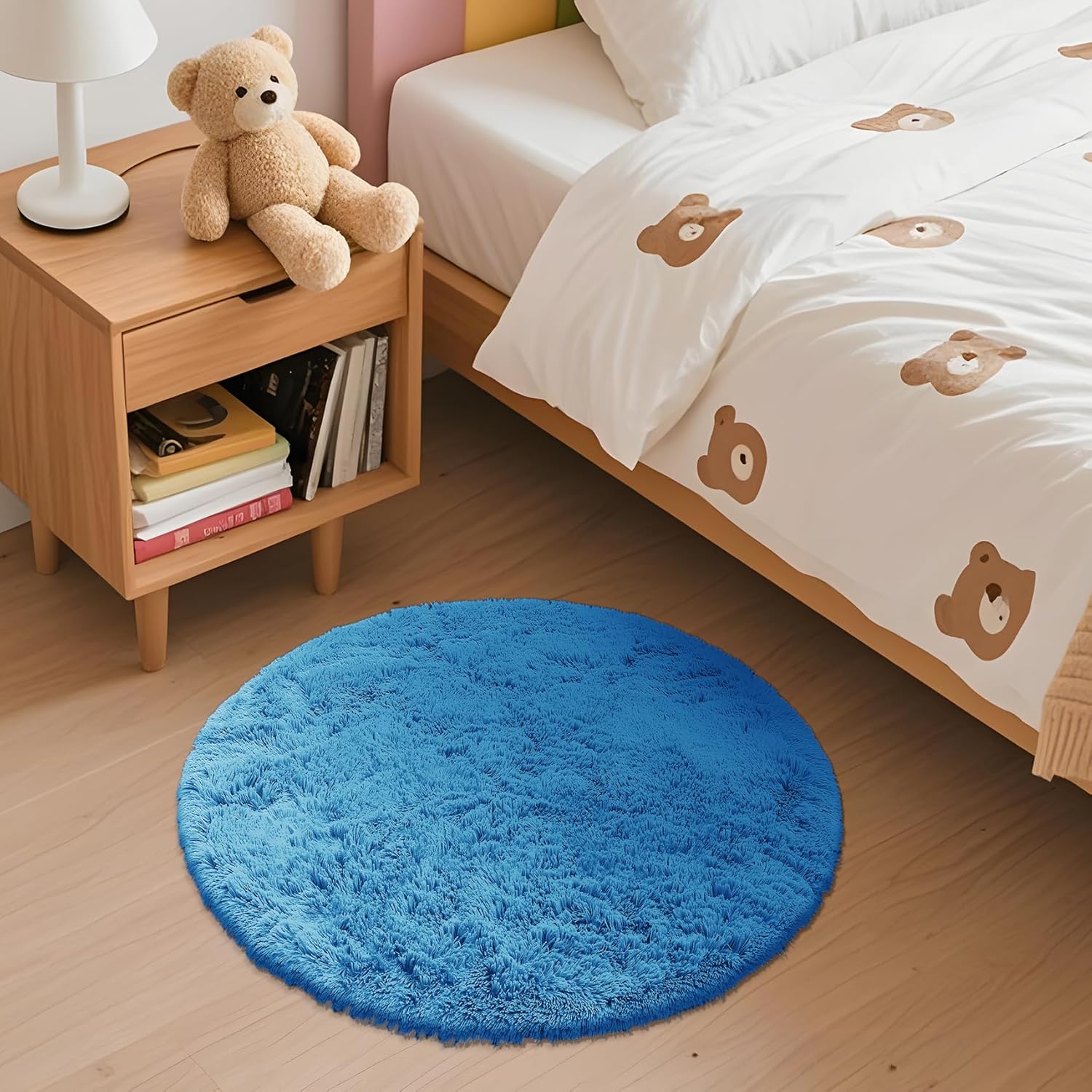 OLANLY Bright Blue Round Area Rug - Soft, Fluffy, Machine Washable 2 ft Circle Carpet for Bedroom & Nursery Decor