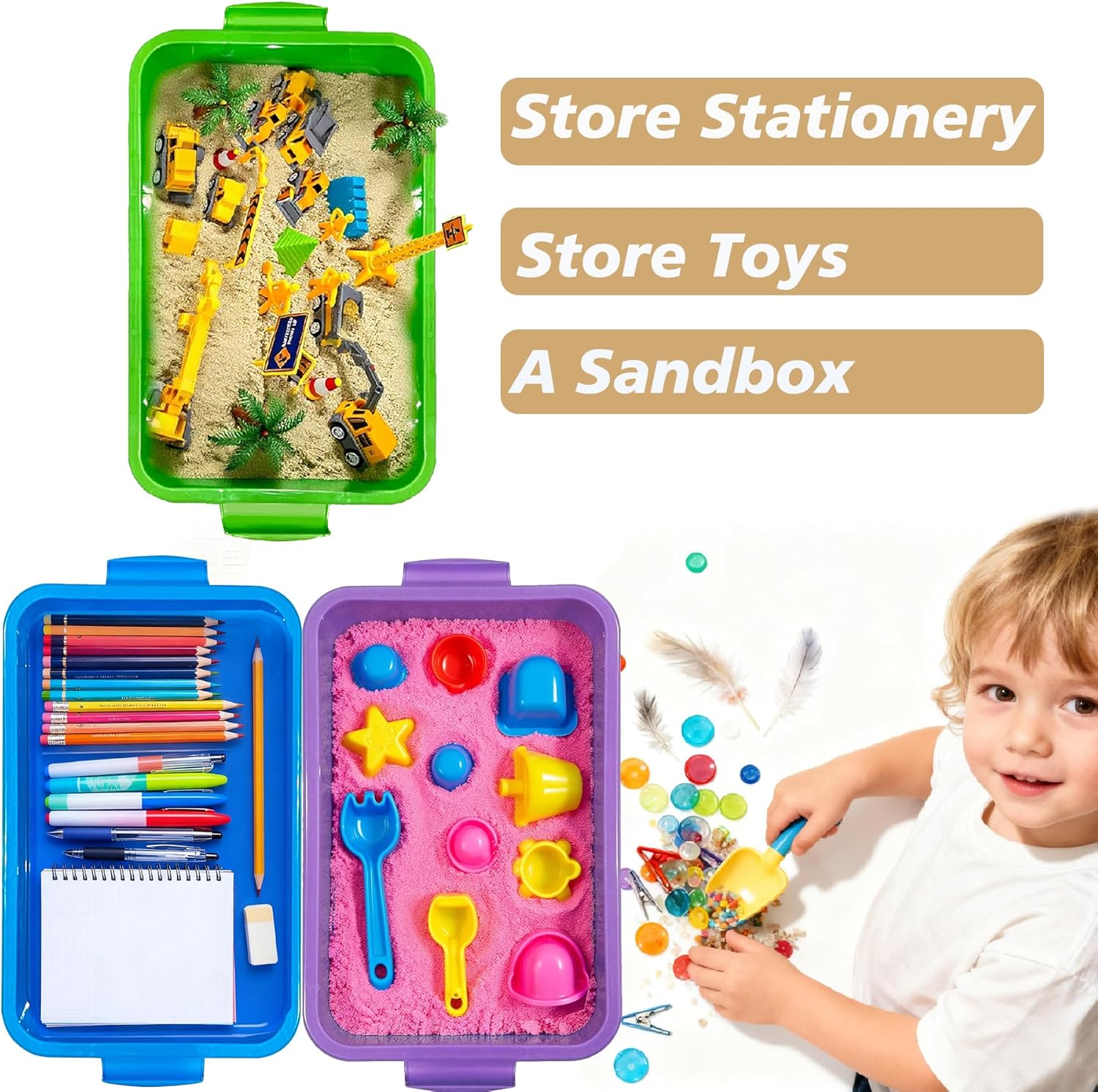 Skiennix 4 Qt Sensory Bin Set - Stackable Storage Bins with Lids for Crafts & Sandbox | Blue, Green, Purple