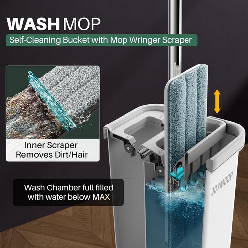 JOYMOOP Mop and Bucket Set - Hands-Free Flat Floor Cleaning System with 3 Washable Microfiber Pads
