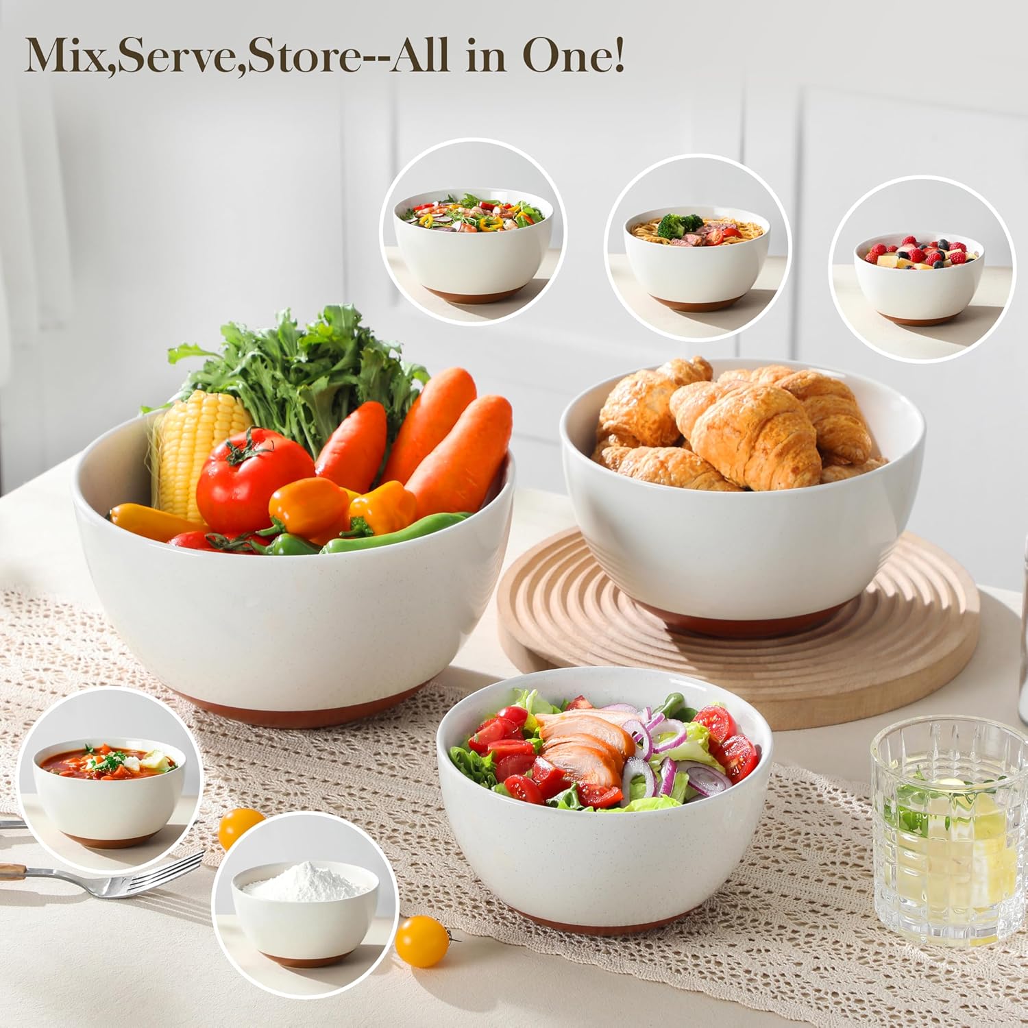 MALACASA Ceramic Mixing Bowls Set of 3 | Large Nesting Bowls for Cooking & Baking | Oven & Dishwasher Safe - 46/80/140 Oz