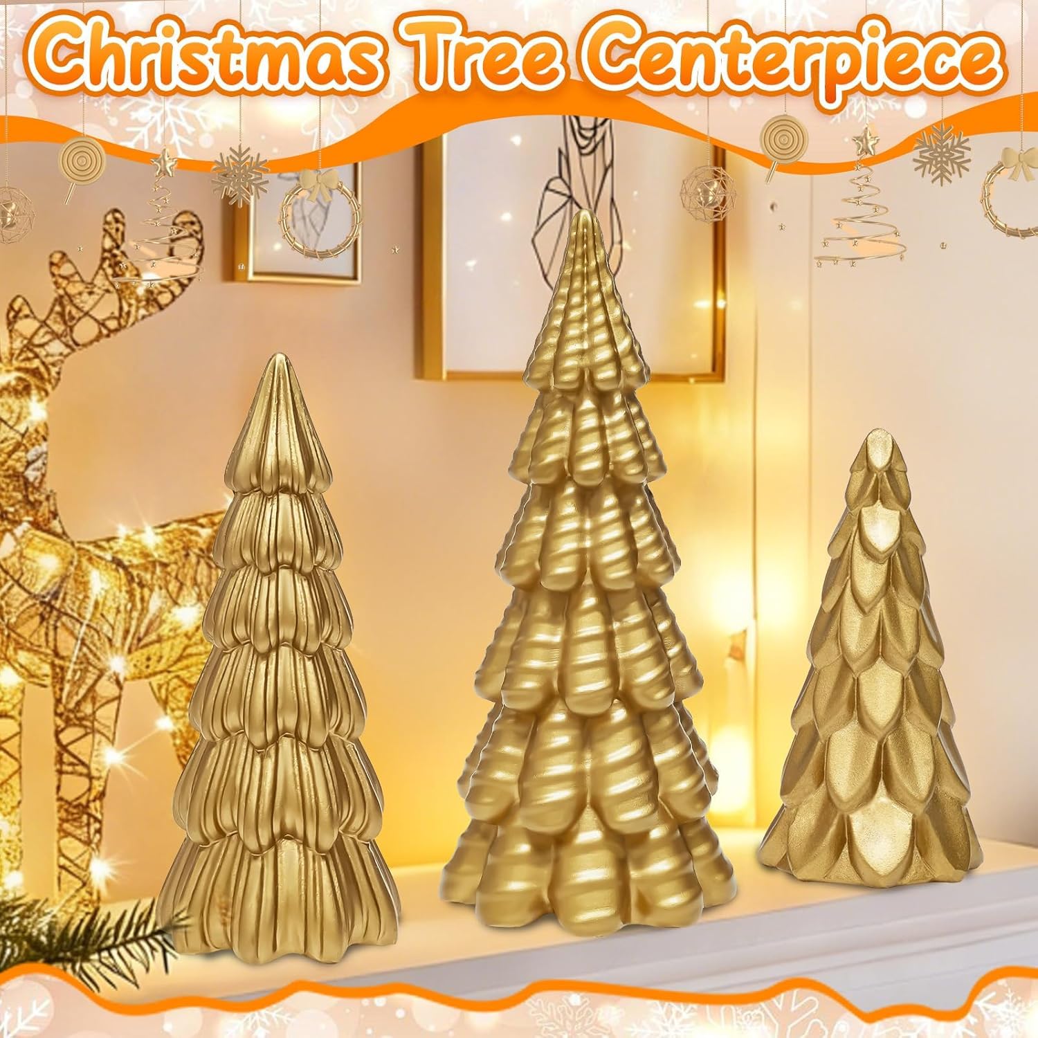 Warmtree Gold Christmas Tree Figurines Set - 3 Pcs Small Resin Tabletop Decor for Indoor Holiday Home Styling
