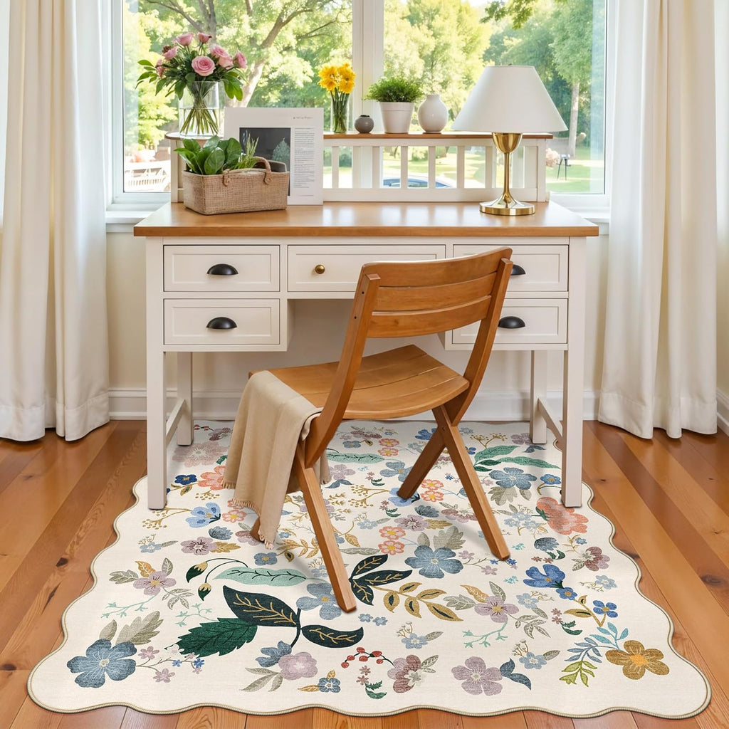 Skiennix Floral Square Area Rug - Washable 5x5 Soft Water-Resistant Carpet for Living Room & Bedroom | Non-Slip Backing, Cream