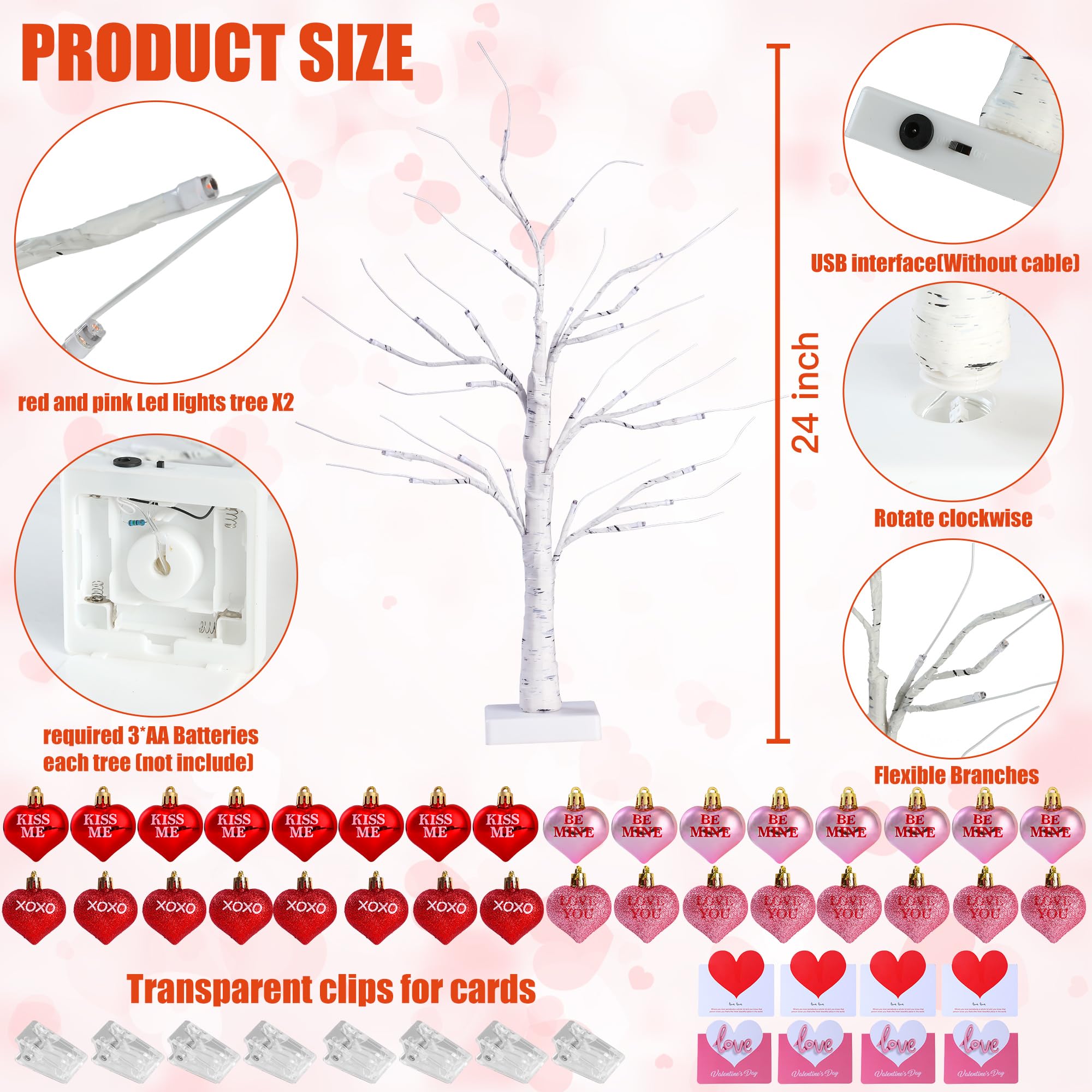 Sggvecsy 2 Pack Birch Trees with Heart Ornaments 24’’ Artificial Heart Table Tree Valentines Day Decorations with Cards Tree Decor for Valentine's Day Gifts Home Party Festival Decorations