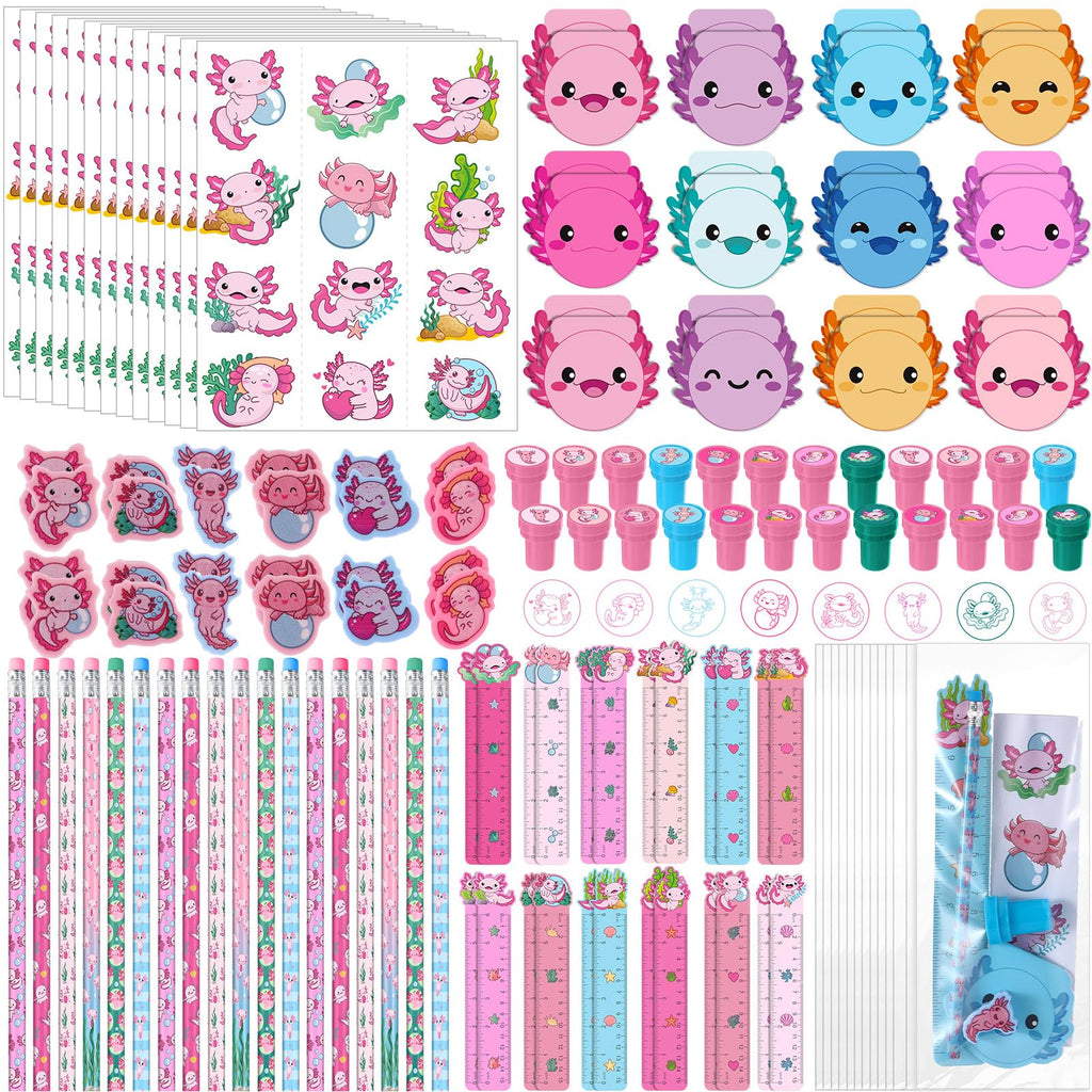 Cholemy 168 Pcs Axolotl Party Favors Axolotl Themed Pencils Notepads Stampers Rulers Erasers Stickers Bags Salamander Stationary School Supplies Kit for Valentines Day Gift Goodie Bag Piñata Filler