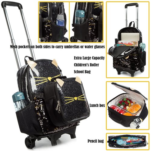 Egchescebo Cat School Bags Kids Rolling Backpack for Girls Luggage Kids Suitcase With Wheels Trolley Wheeled Backpacks Travel Bags 3PCS Lunch Box Pencil Case Backpacks for Girl‘s Black