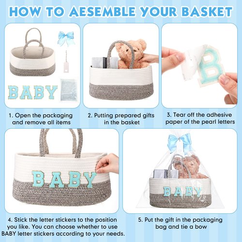 Beeveer Personalized Baby Basket Custom Diaper Caddy Organizer with Bow Portable Cotton Rope Basket Storage for Nursery Baby Shower Christmas Gifts(Blue)