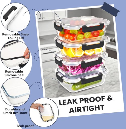 HOTEC 35oz Glass Food Storage Containers - Airtight Lunch & Fruit Containers, 4-Pack | Microwave & Oven Safe