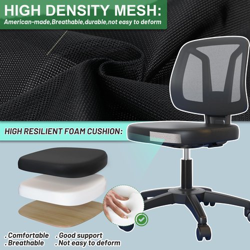 Swivel Armless Desk Office Chair Without Arms Adjustable Height and Lumbar Support for Home