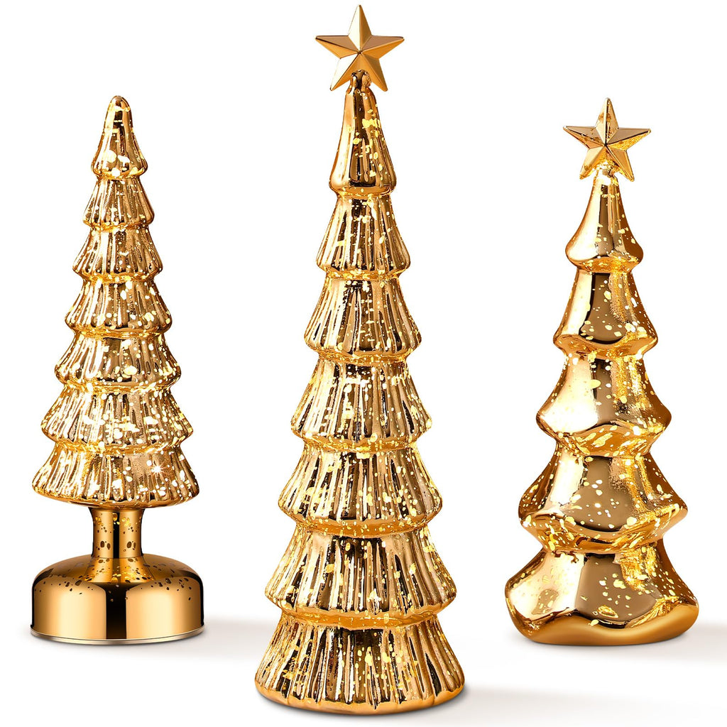 Funnymoom 3 Pack Glass Christmas Trees Decor Lighted Christmas Tree Tabletop Glitter Centerpiece Decoration Glass Xmas Tree Figurines Holiday Ornament for Table Mantle Fireplace(Gold,Classic)