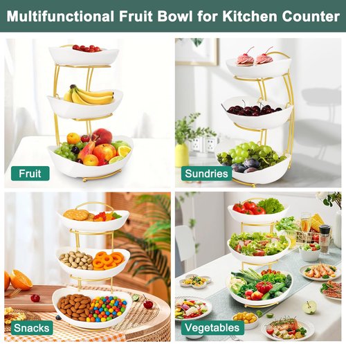 KXSGKRR 3 Tier Fruit Bowls for Kitchen Counter, White Ceramic Serving Bowls with Gold Metal Stand, Tiered Fruit Basket Display Rack for Fruits Vegetable Snack Nuts Cake Dessert Storage