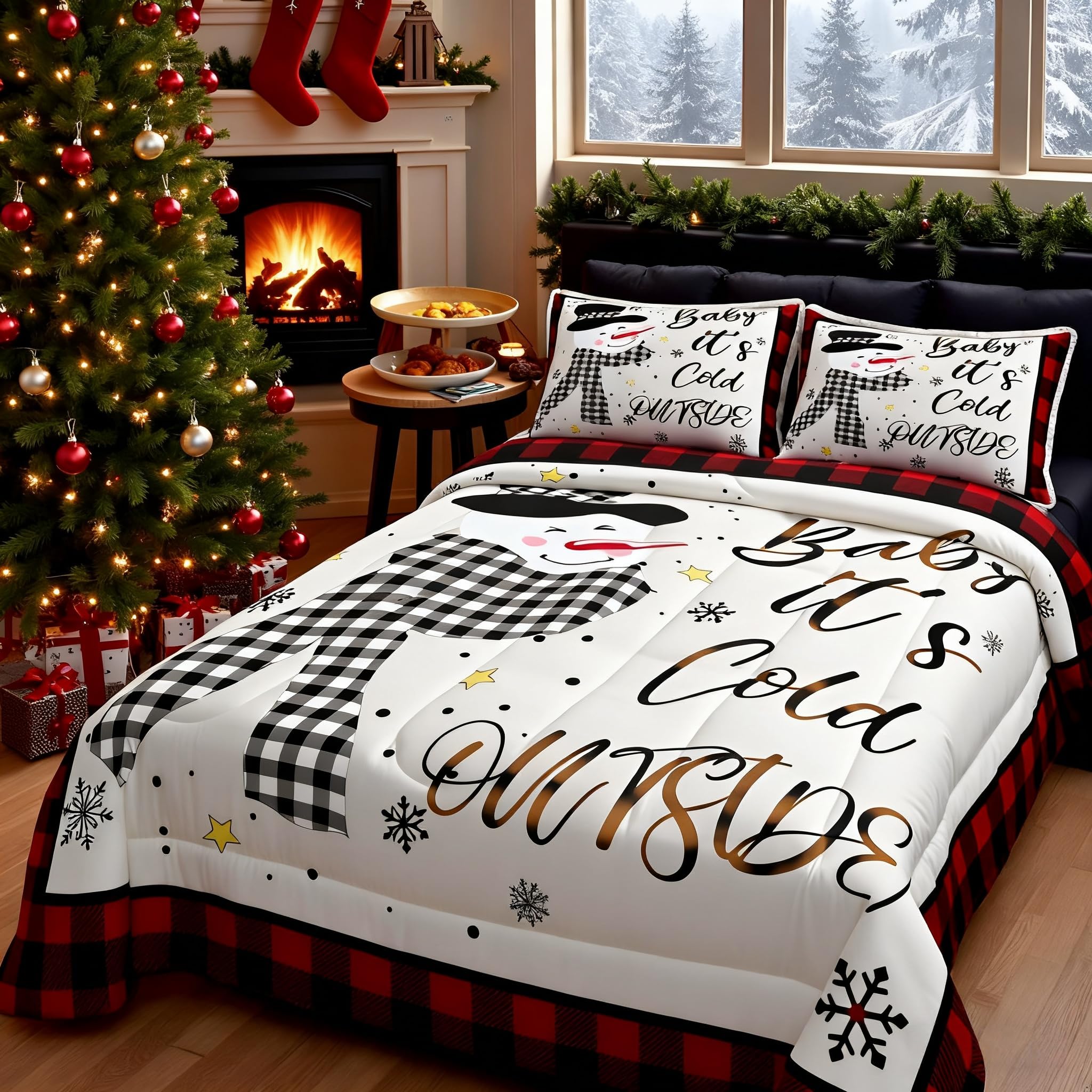 Kids Christmas Snowman Comforter Set Queen Size,Snowflake Winter Bedding Set,Girls Boys Adults Xmas Decor,Geometric Grids Lattices Patch Down Comforter,Red Rustic Vintage Duvet Insert,2 Pillowcases