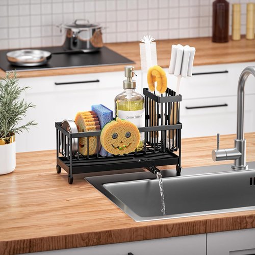 Cisily Sponge Holder for Kitchen Sink, Sink Caddy Organizer with High Brush Holder, Kitchen Countertop Organizers and Storage Essentials, Rustproof 304 Stainless Steel (Black with Smiley Face, 9.25″)