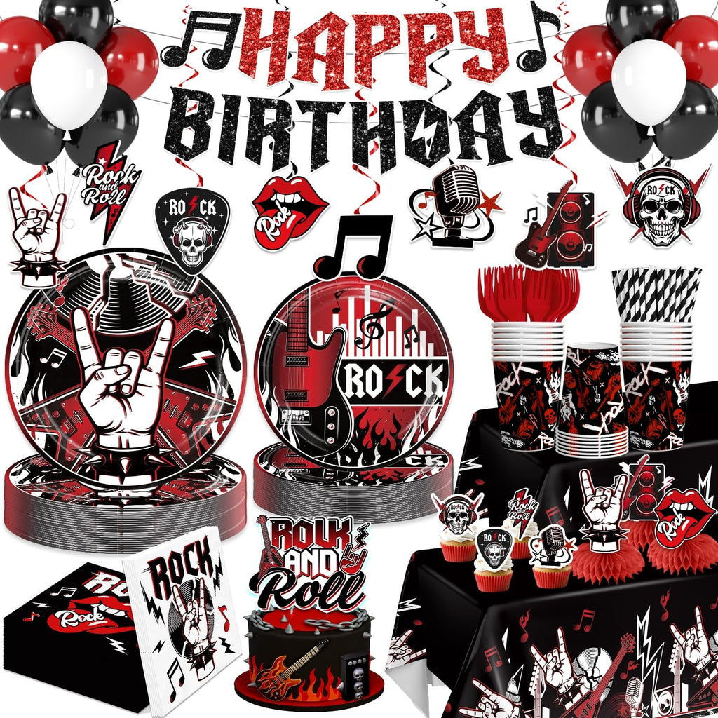 Xynic Rock and Roll Party Decorations, 207 PCS Rock n Roll Party Decorations Set with Plates, Cups, Napkins, Banner, 2 Tablecloths, Balloons, Music Birthday Decorations for Boys & Girls, Serves 25