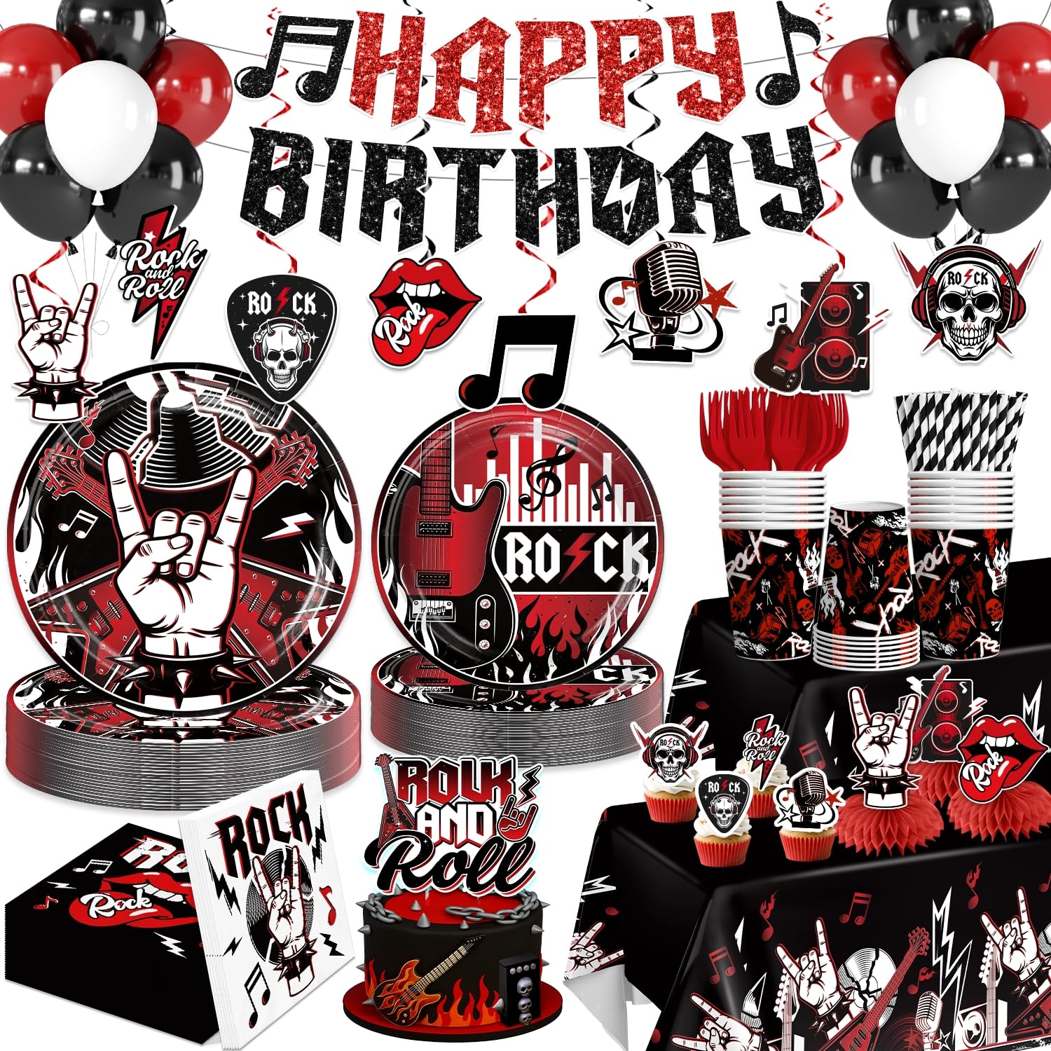 Xynic Rock and Roll Party Decorations, 207 PCS Rock n Roll Party Decorations Set with Plates, Cups, Napkins, Banner, 2 Tablecloths, Balloons, Music Birthday Decorations for Boys & Girls, Serves 25