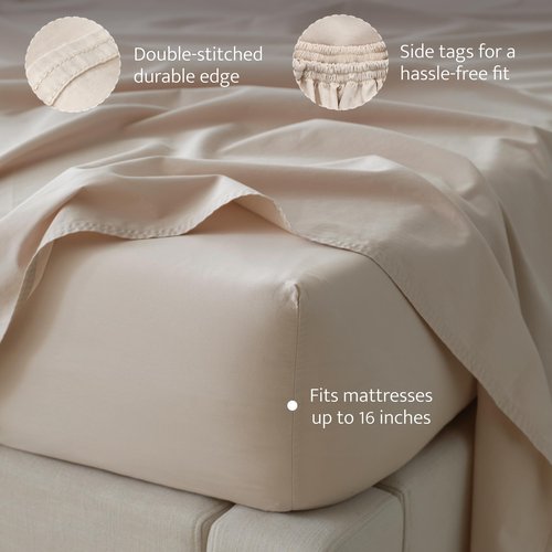 Double Stitch Organic Cotton Sheets King Size - Soft & Breathable Sheet Set 4 Piece, Luxury 300 TC Sateen Weave Bedding, 100% GOTS Certified Long Staple Cotton, Made in India, Linen