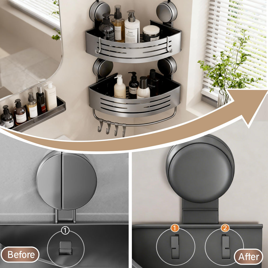 Structoline Corner Shower Caddy Bathroom Organizer,2-Packed Gray No-Drilling Aluminum Suction Cup Corner Shower Shelf with Towel Bar and Hooks,Moder Wall Shower Organizer and Storage Decor