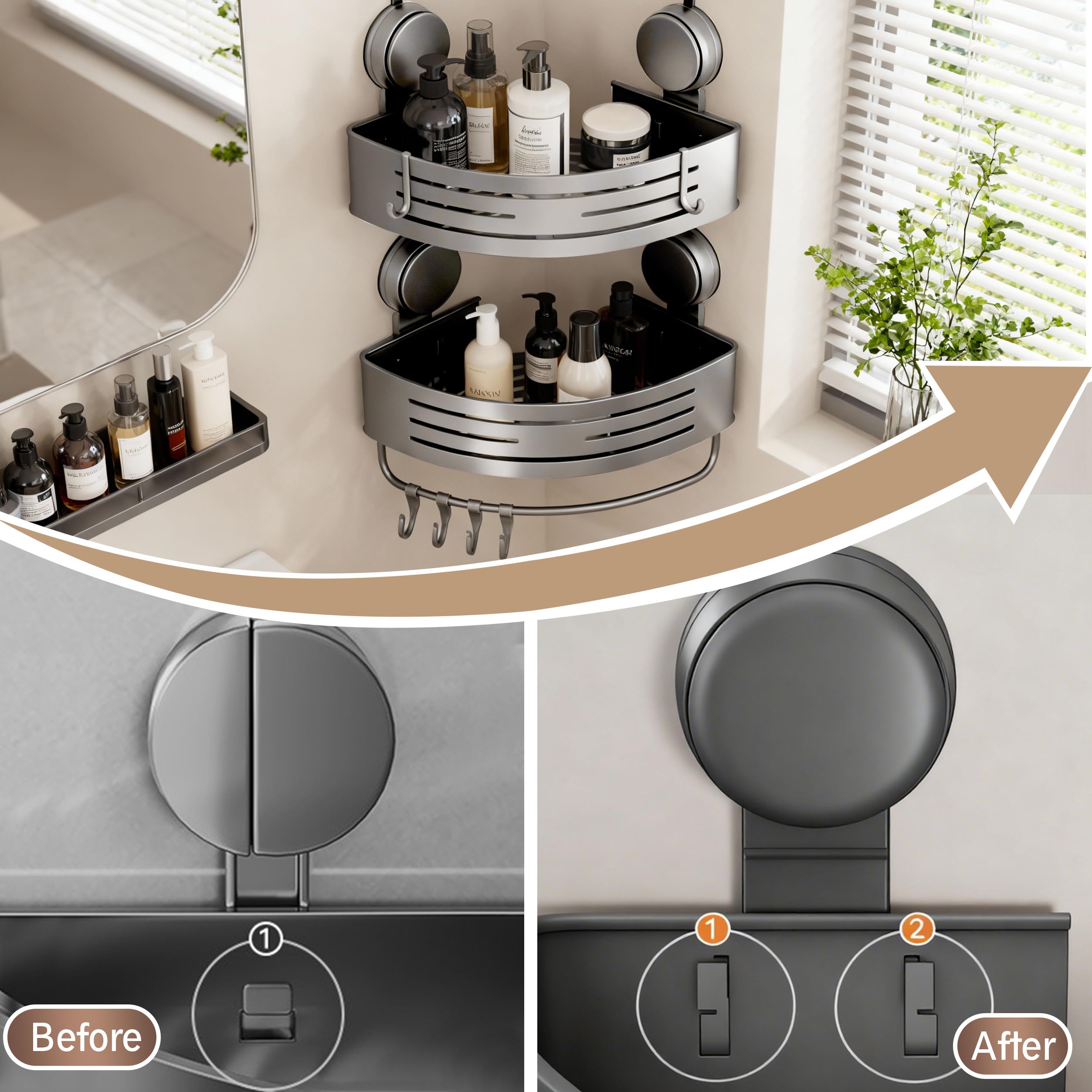 Structoline Corner Shower Caddy Bathroom Organizer,2-Packed Gray No-Drilling Aluminum Suction Cup Corner Shower Shelf with Towel Bar and Hooks,Moder Wall Shower Organizer and Storage Decor
