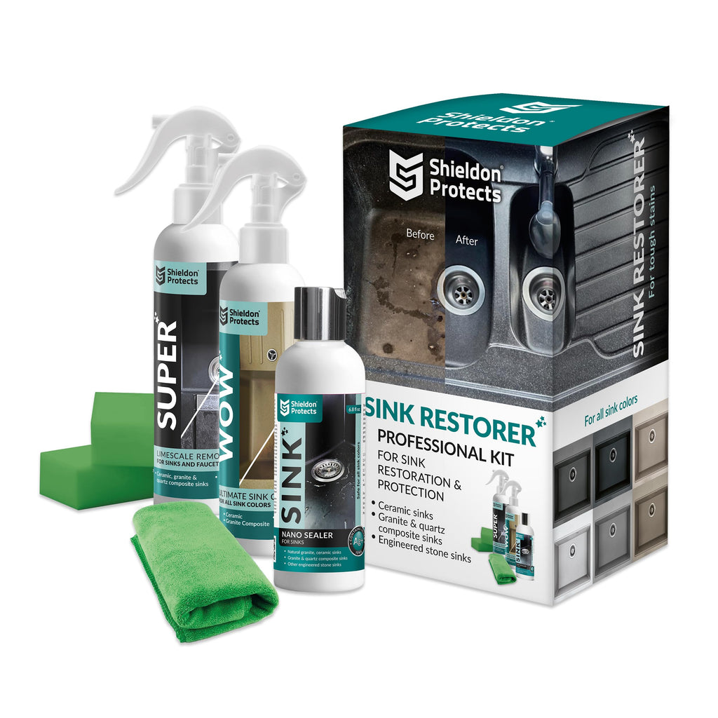 Shieldon Protects Sink Restorer Kit – 3-Step System: Heavy Duty Kitchen Sink Cleaner, Hard Water Stain Remover & Nano Sealer Protector for Granite Composite, Quartz, Porcelain & Ceramic Kitchen Sinks