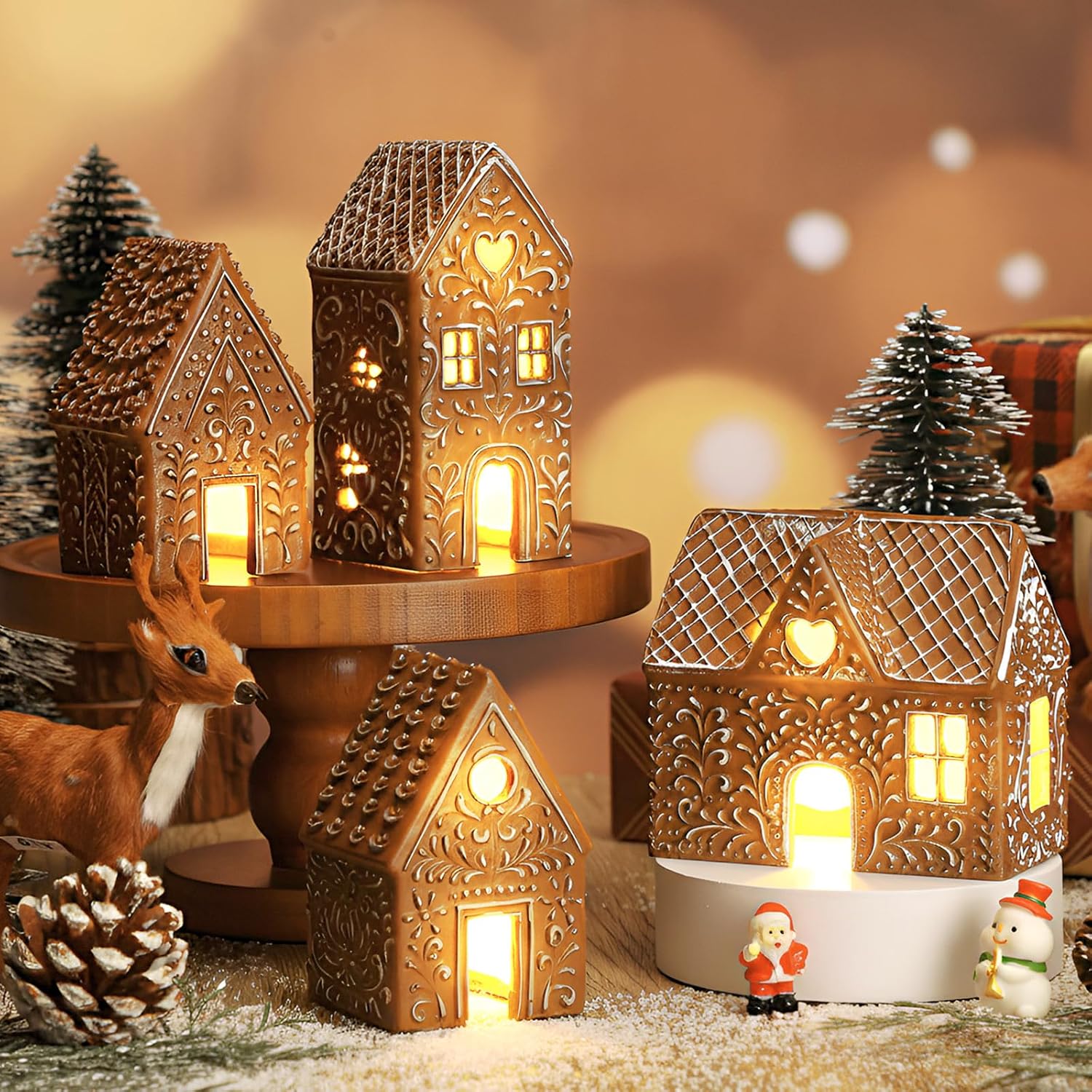 Thyle Christmas Gingerbread House Decoration Set - 4 Pcs LED Resin Village Figurines for Holiday Decor