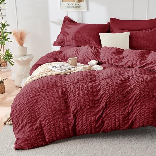 HYMOKEGE King Size Comforter Set - Burgundy Seersucker 7-Piece Luxury Bedding Set for All Seasons