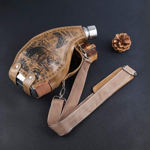TOX TANEAXON 53 oz Bear Pattern Horn Shape Large Capacity Whiskey Hip Flasks for Liquor with Removable Holster