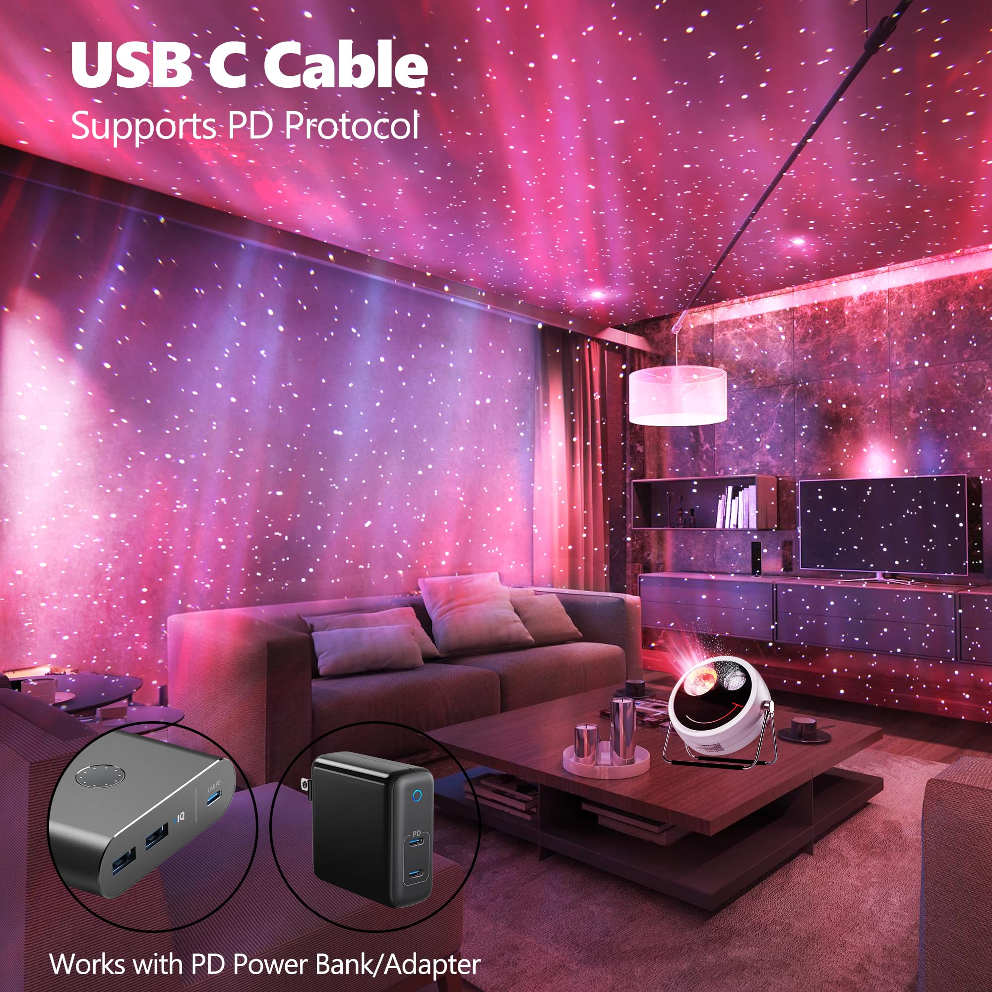 Brizled Star Projector Galaxy Light, USB C White Starry Projector Works with PD Power Supply, Bluetooth Speaker and White Noise Aurora Light, LED Galaxy Lighting for Bedroom Home Party