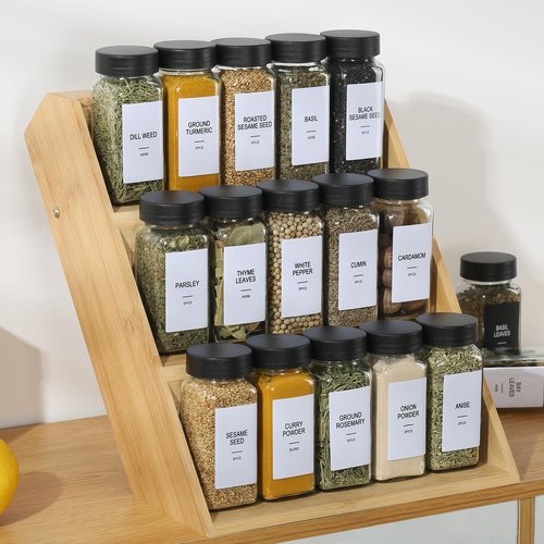 GMAMXD 36 Glass Spice Jars with Labels, Spice Jar Set, 4oz Spice Containers, Seasoning Containers with Black Airtight Lids and Shaker Lids, Square Empty Spice Bottles, 492 Labels, 1 Funnel