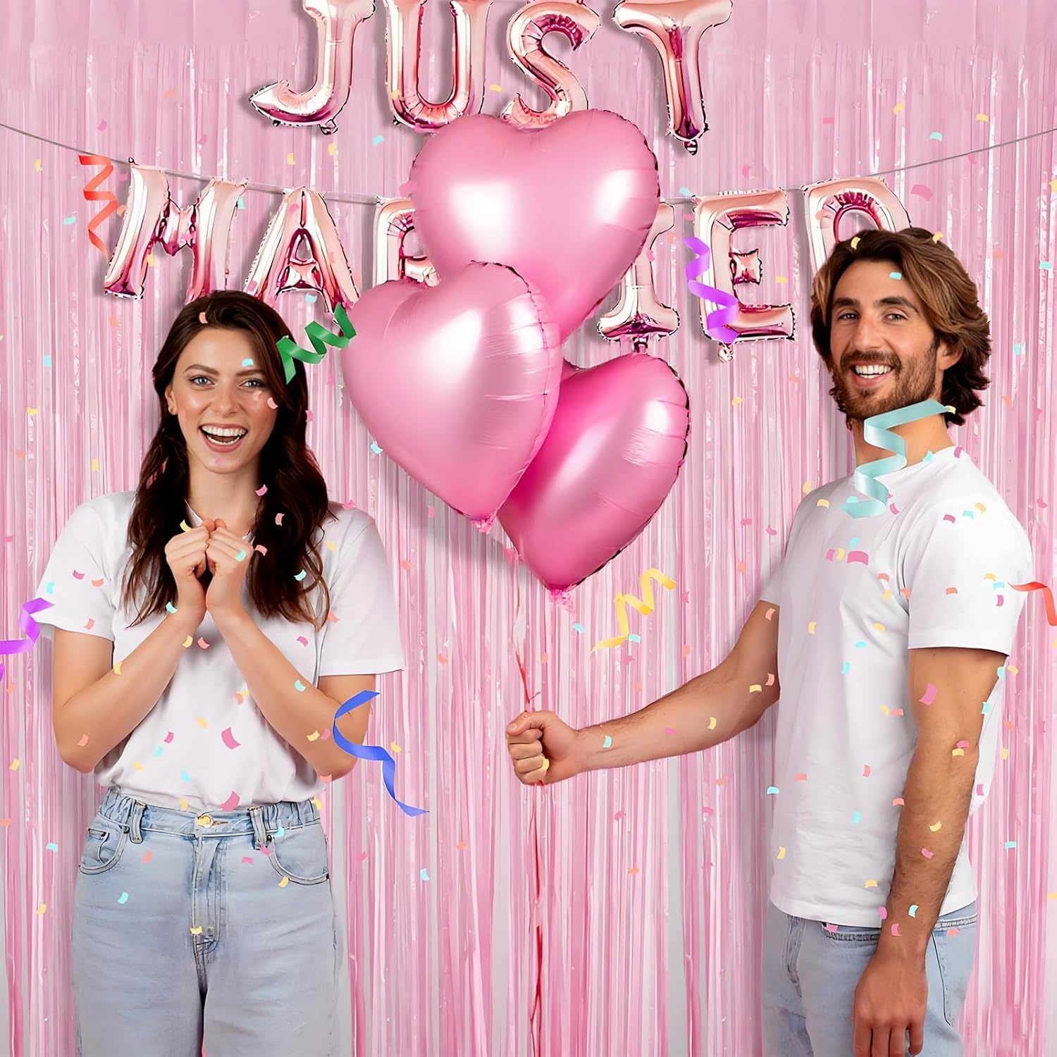 Skiennix Pastel Pink Birthday Party Backdrop - Foil Fringe Curtain 3.3x8.2ft | 2 Pack Streamers for Baby Showers & Bachelorette Celebrations