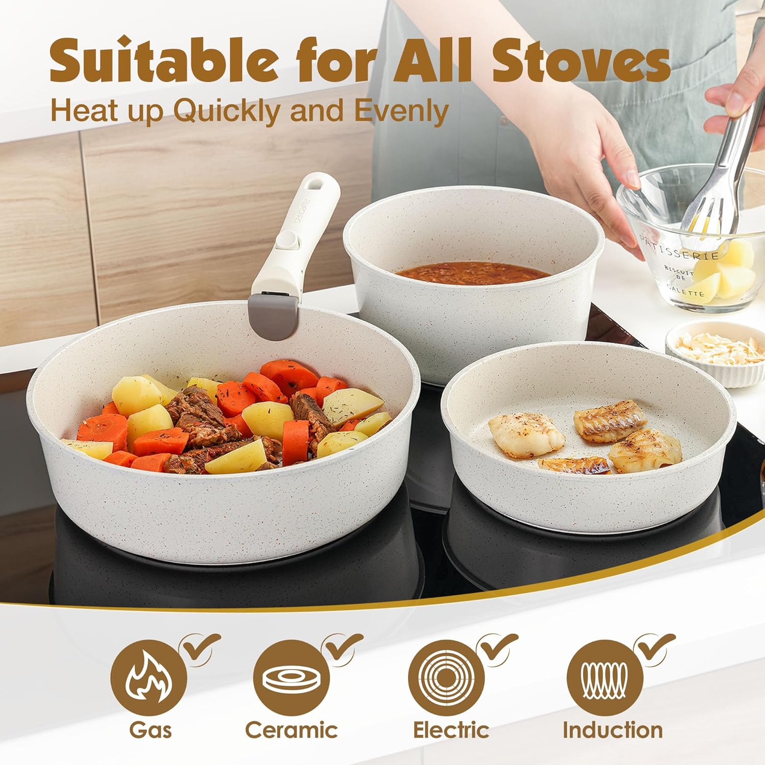 SENSARTE 13-Piece Nonstick Cookware Set - Detachable Handle, Induction Compatible, Dishwasher & Oven Safe (White)