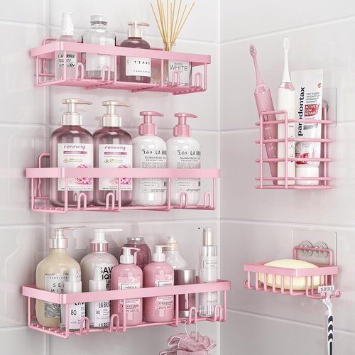 Liuoud Shower Caddy Organizer - Rustproof Stainless Steel Wall Storage Basket Set | 5 Pack in Pink