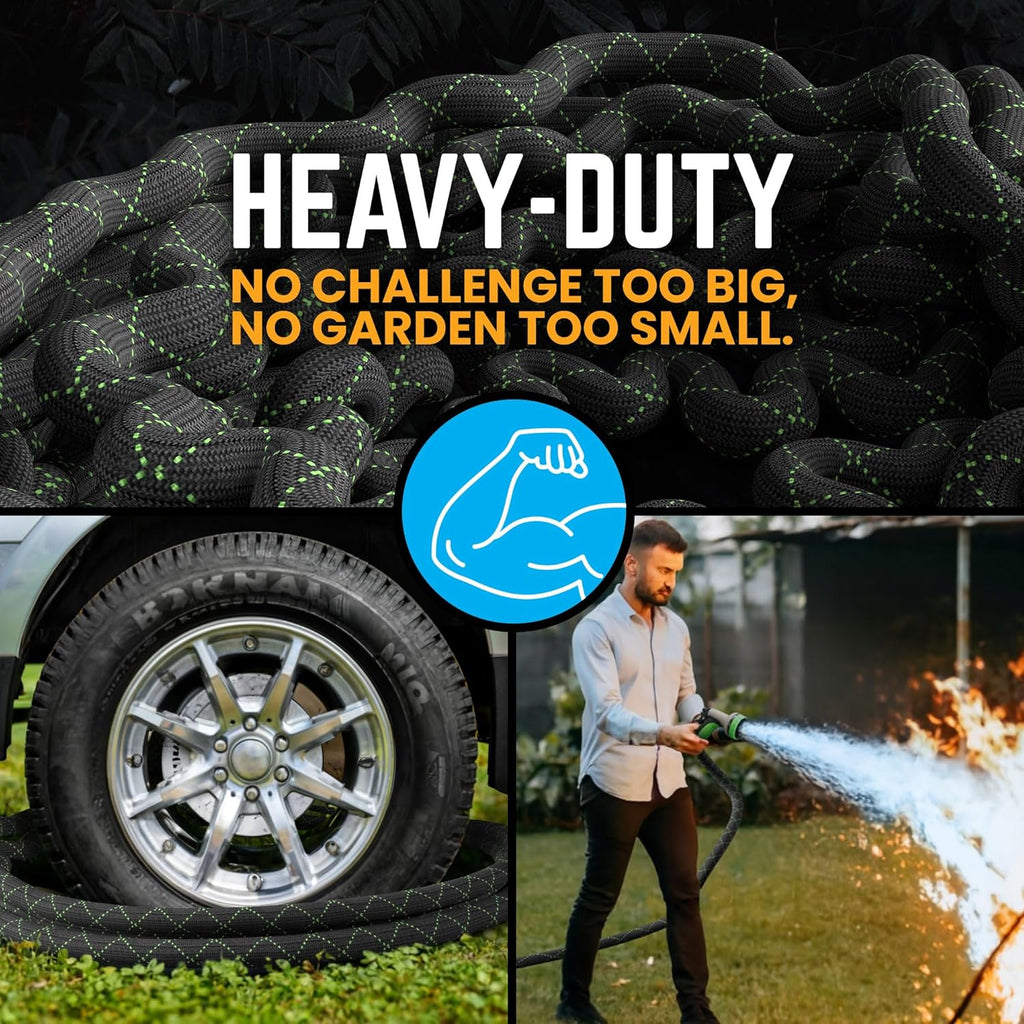 PowerFlow Stainless Steel Garden Hose - 25 Ft Durable Metal Water Hose with 10-Way Spray Nozzle | Black