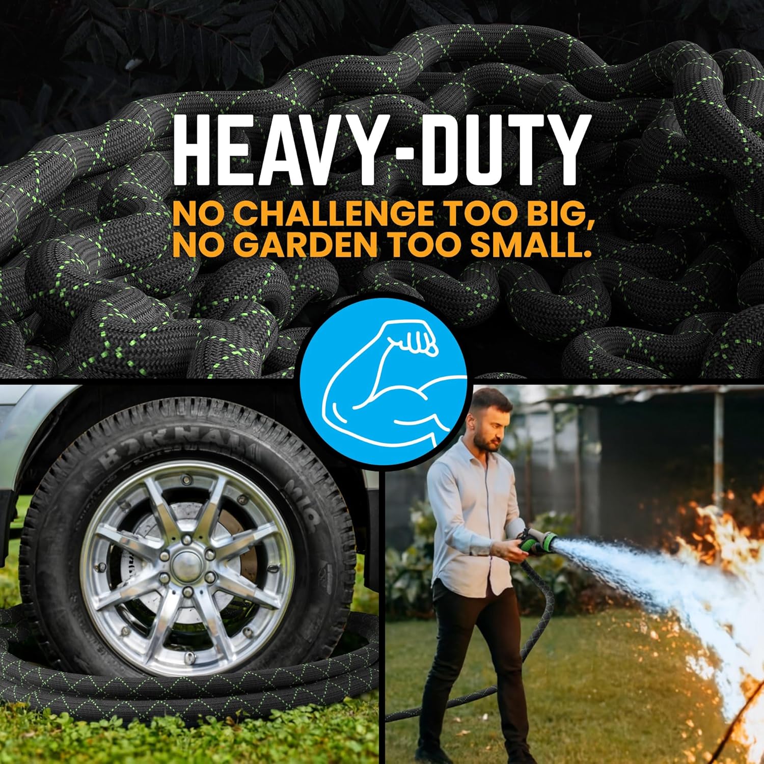PowerFlow Stainless Steel Garden Hose - 25 Ft Durable Metal Water Hose with 10-Way Spray Nozzle | Black