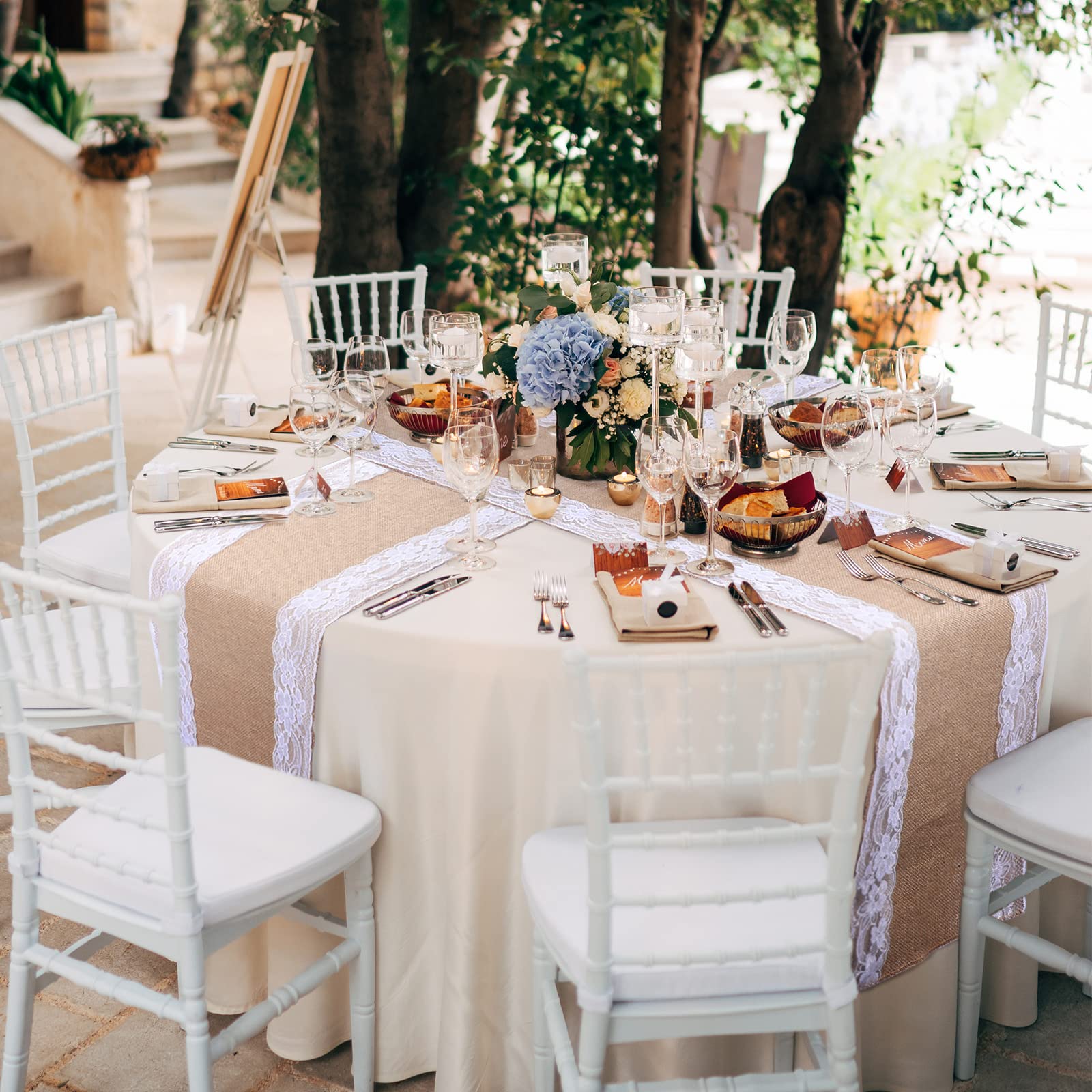 12 Pcs Burlap Table Runners 12 x 108 Inches White Lace Table Runner Rustic Country Wedding Decor Vintage Romantic Table Cloth Party Favors for Birthday Engagement Hotel Home Table Decor(Elegant)