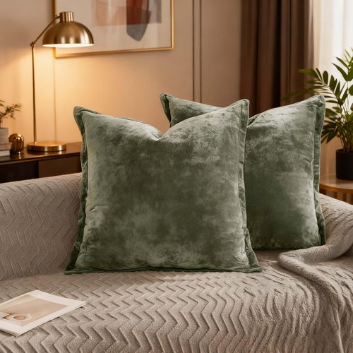 NEPHEALIS Velvet Pillow Covers 2 Pack Soft 26x26 Pillow Covers Solid Square Euro Shams Decorative Couch Pillow Cases with Wide Border for Sofa Bed Home Decor,Army Green