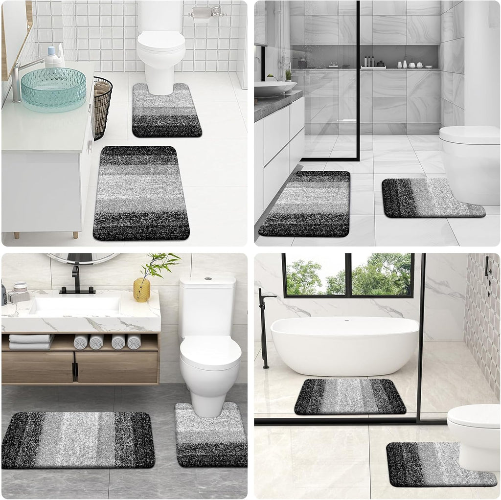 OLANLY Bathroom Rug Set - Soft Absorbent Microfiber Mats | Non-Slip U-Shaped Contour Toilet Rug (Black, 2-Piece)