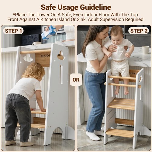 COSYLAND Toddler Standing Tower Adjustable Height (NO Wide Back Panel) - Super Stable Toddler Kitchen Stool Helper - 3 Levels Adjustable Wooden Kids Kitchen Stool (Natural & White)