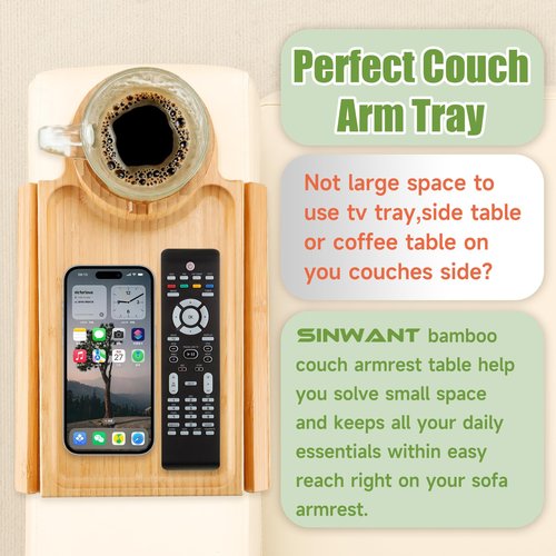 SINWANT Couch Cup Holder Tray,Large Bamboo Couch Armrest Table with Cup Holder,Foldable Anti-Slip Sofa Arm Tray for Coffee Cup,Water Bottles,Mug,Snacks,Remote