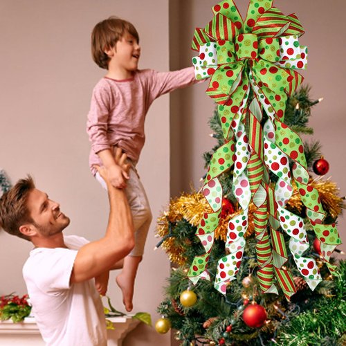 Wninbu Christmas Tree Topper Bow Wreath, 44 x 13 Inches Large Bow Tree Topper, Glitter Red and Green Christmas Wreath for Tree Indoor Outdoor Christmas Decoration