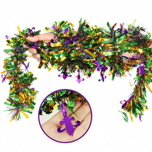 YVAINE 5 Pcs Mardi Gras Tinsel Garland Sparkling Decorations,32.5 Ft Gold Green Purple Glitter Metallic Streamers Hanging Decorations,New Orleans Parade Car Party Supplies Carnival Accessories