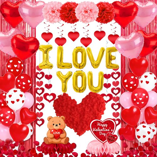 Valentines Day Decor Kit, Happy Anniversary Decorations with I Love You Balloons 1000Pcs Silk Red Rose Petals Romantic Heart Balloon for Wedding Anniversary Valentines Day Decorations