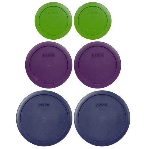 Pyrex (2) 7200-PC 2-Cup Lawn Green, (2) 7201-PC 4-Cup Purple, (2) 7402-PC 6/7-Cup Blue Food Storage Replacement Lids - Made in USA
