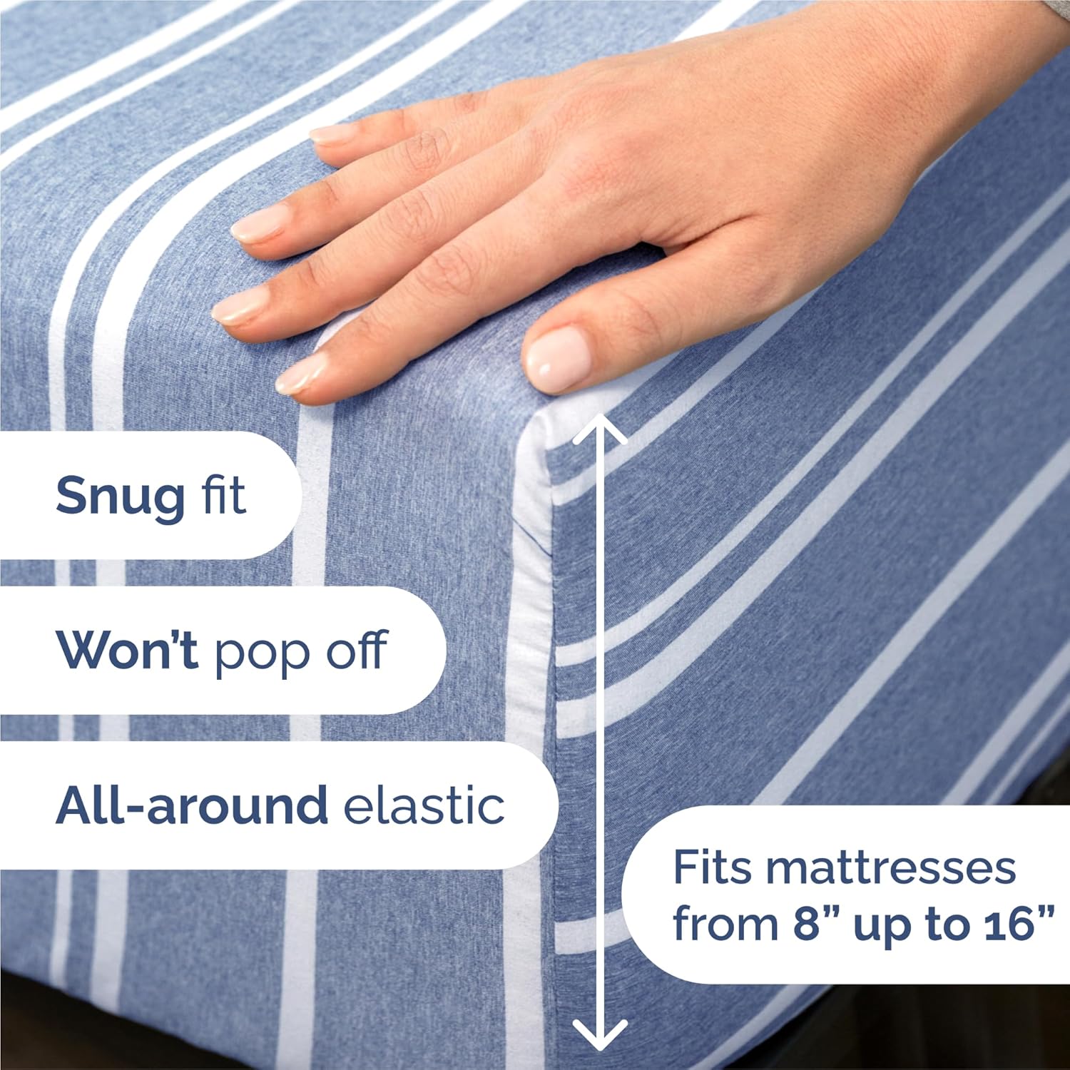 Split King Size 5-Piece Sheet Set | Comfy Cooling Bed Sheets - Luxury Hotel Quality - Deep Pockets - Blue Stripes