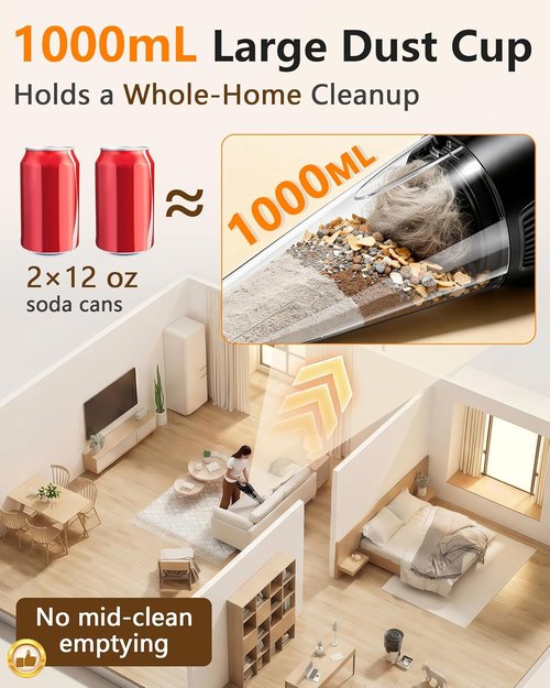 Handheld Vacuum - 26000Pa Strong Suction | 15-Min Fast Cleaning, 1000mL Dust Cup, Cordless Design