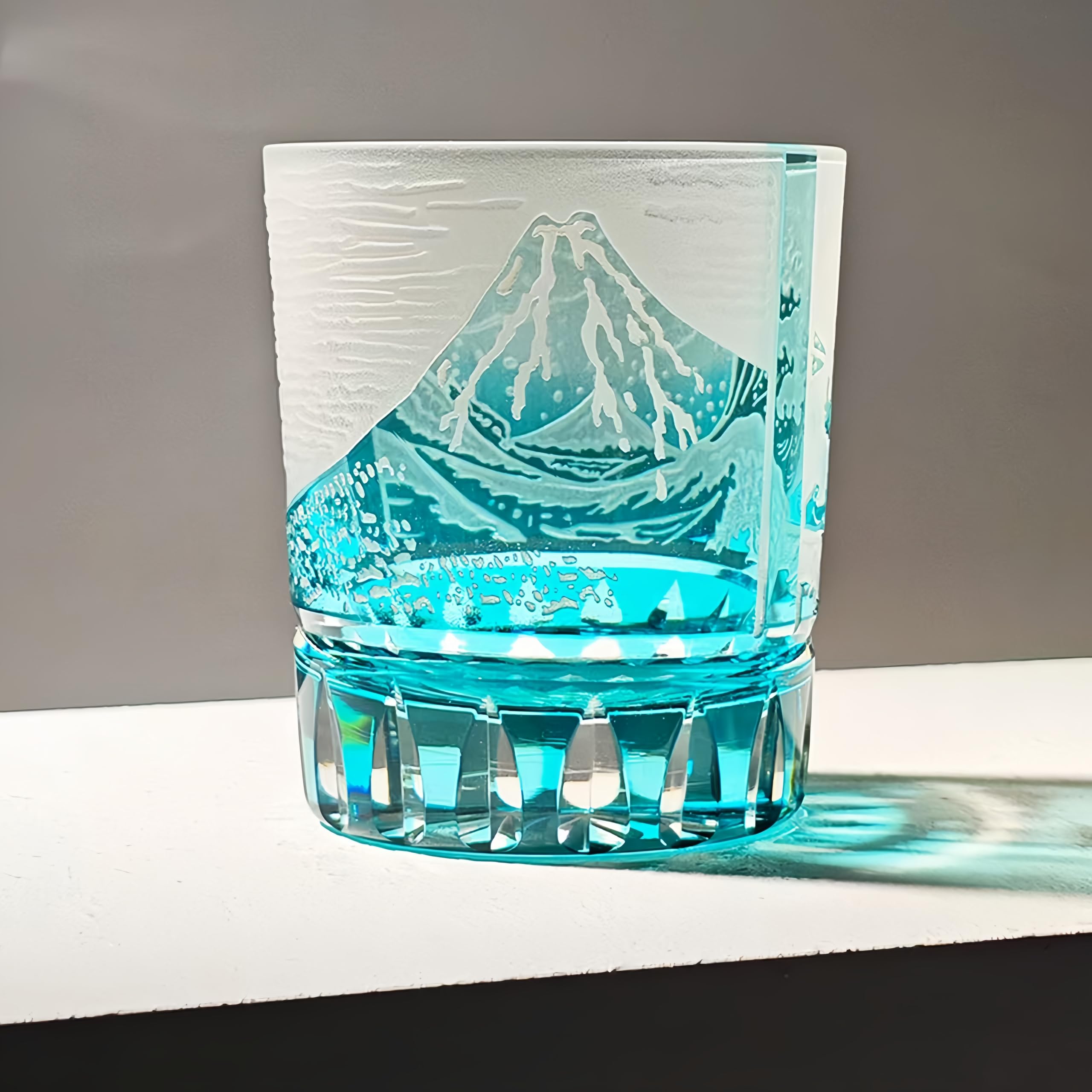 suigetsu Crystal Luxury Whiskey Glass, Mount Fuji Design, Japanese Style Hand Cut Glass Tumblers (turquoise)